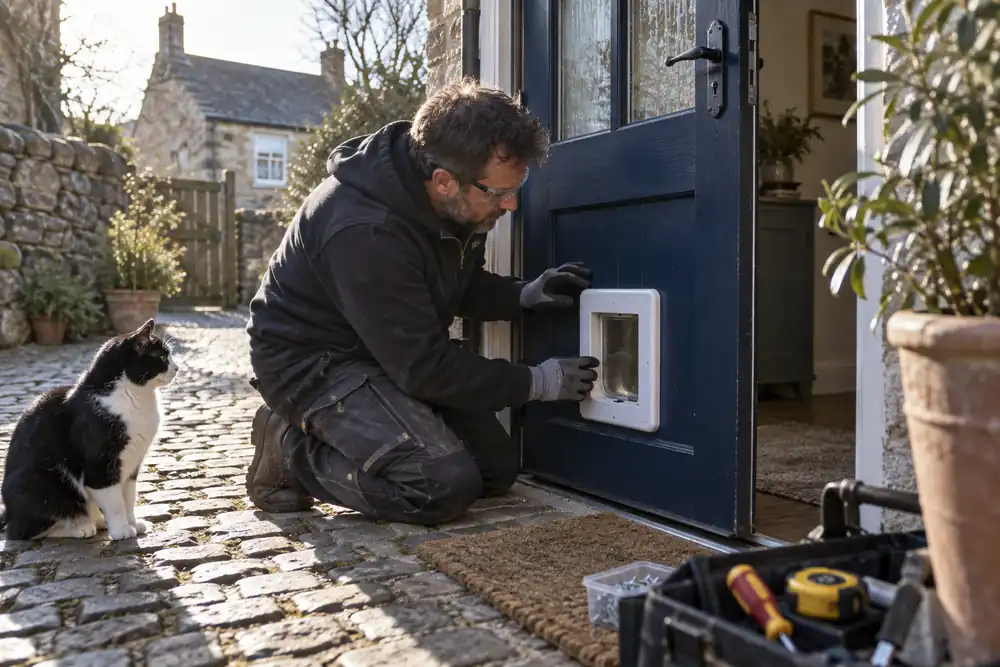 Finished white cat flap in the lower solid panel of a navy cottage door, door slightly ajar to a cobbled yard, kneeling fitter inspecting flush edges, black-and-white cat sitting nearby, low morning angle.