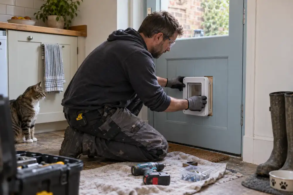 Side view in a Victorian house kitchen: male fitter attaches the inner frame of a white cat flap to a prepared opening in the solid lower panel of a pale blue timber back door, no glass work.